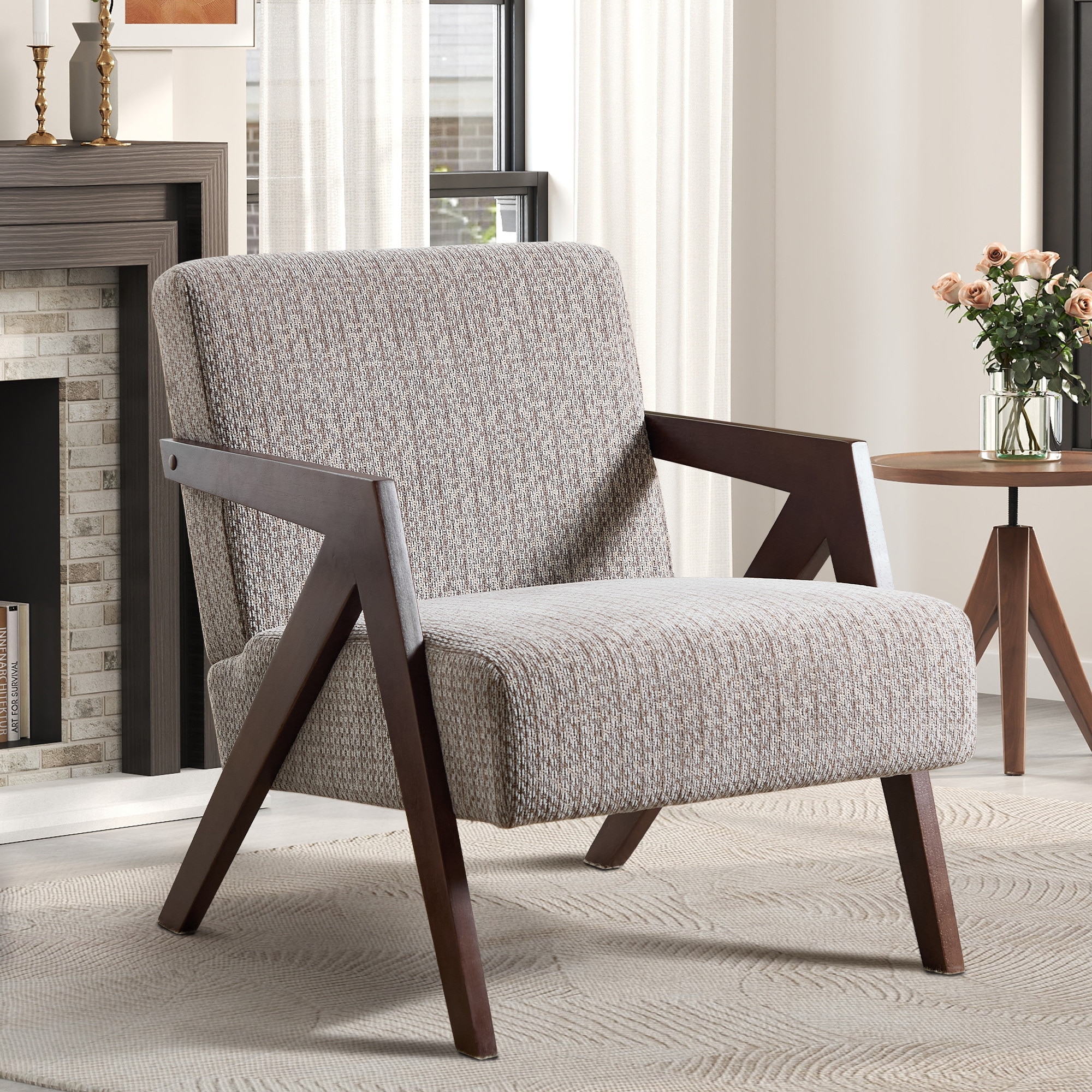Accent Chair with Wood Frame, Upholstered Reading Armchair with Soft Linen Fabric, Accent Chair for Living Room Bedroom