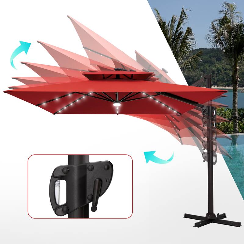 VredHom 9 x 11ft Outdoor Rectangular Dual Top Cantilever Patio Umbrella LED Light with Weights Base