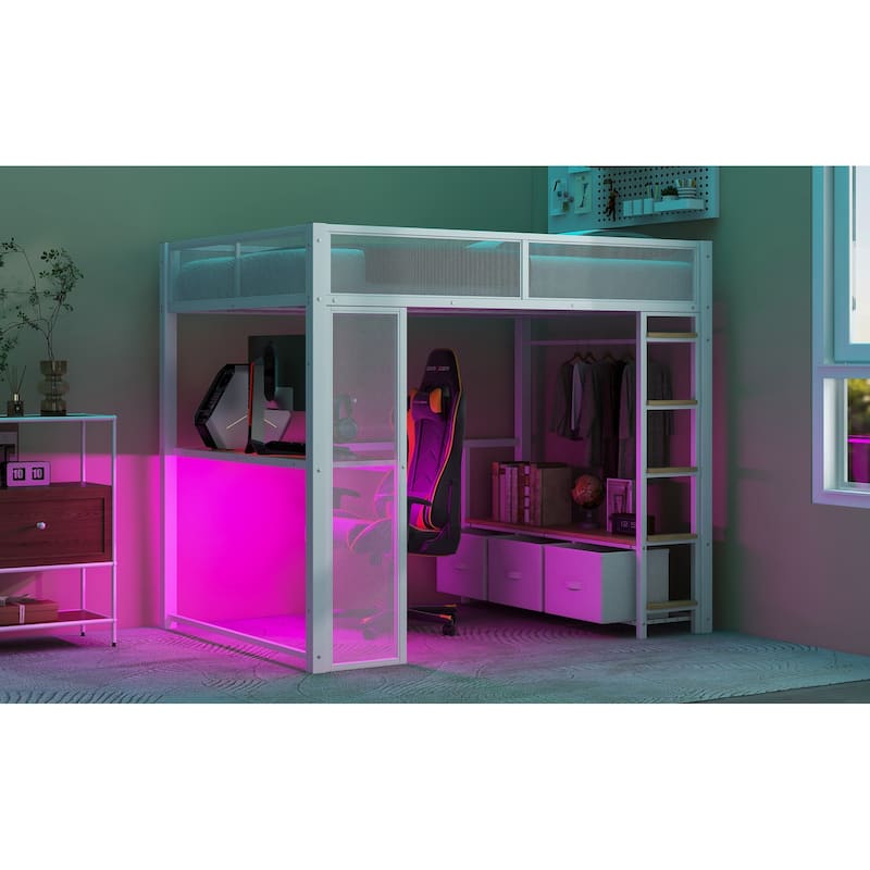 Full Size Metal Gaming Loft Bed with 16-Color LED, Study Desk & 3 Storage Drawers (400lb Capacity)