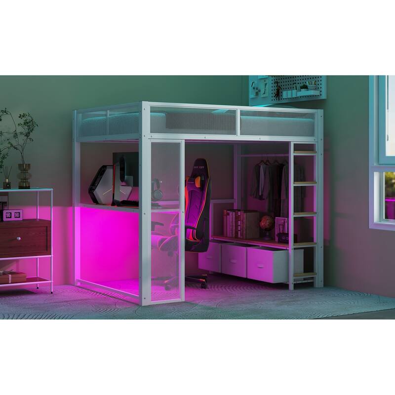 Full Size Metal Loft Bed with LED, Desk, Wardrobe, and Storage Drawers, White