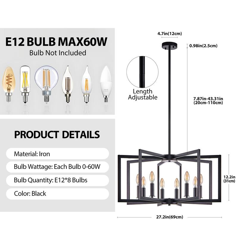 27" Modern Black Geometric 8-Light Chandelier-Industrial Metal Pendant Light Fixture
