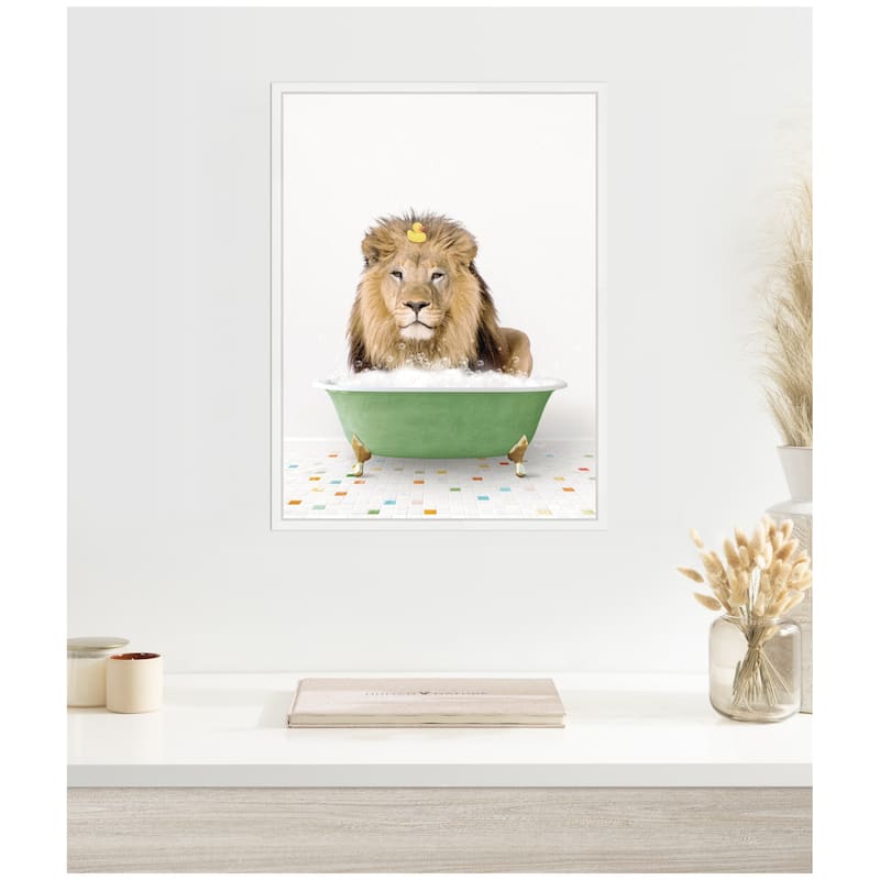 Kate and Laurel Sylvie Lion in Green Bathtub on Colored Tile Framed Canvas by Amy Peterson