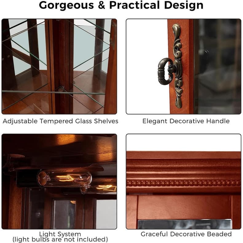 Display Cabinet, Corner Curio Cabinet with Adjustable Tempered Glass Shelves