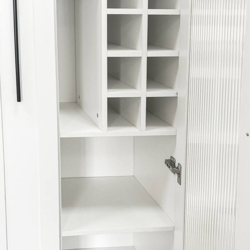 Farmhouse Kitchen Pantry Cabinet with Multi-Tier Pull-Out Storage Shelf & Glass Doors, Tall Food Storage Organizer
