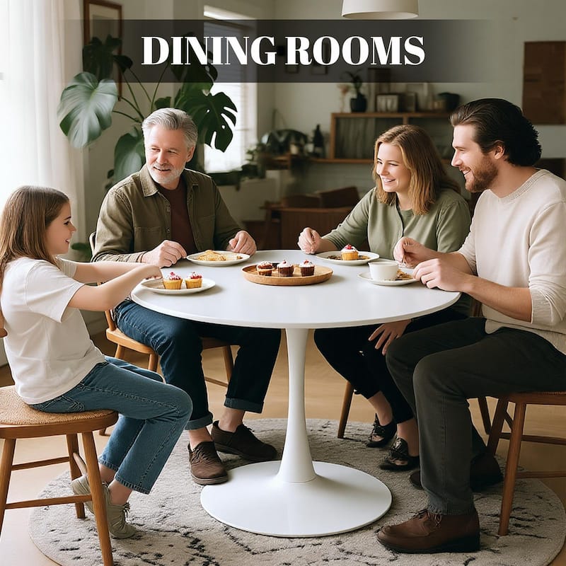 White Round Dining Table, Equipped with an elegant tulip-shaped metal base and a 31.5-inch medium-density fiberboard tabletop