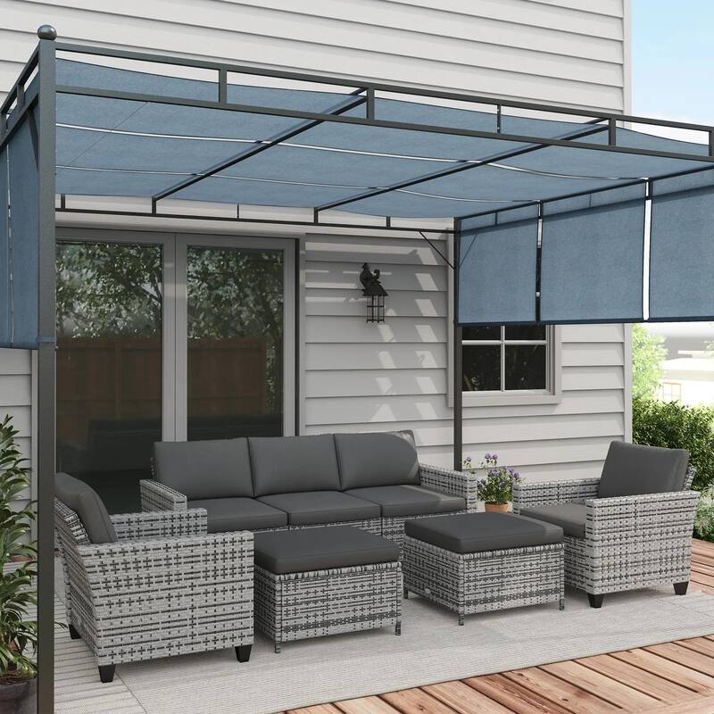 5PC PE Rattan Patio Set, Armchairs, Footstools, Cushions - Mixed Grey