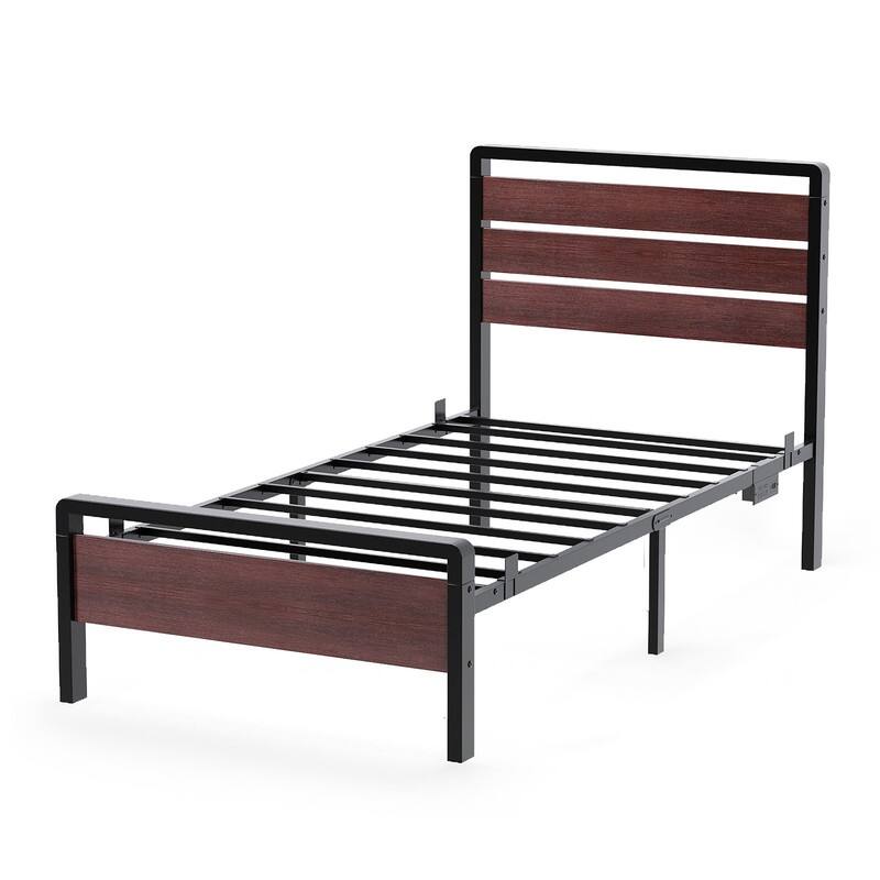 Bed Frame with LED Light and Charging Station, Metal Platform Bed with Wood Headboard