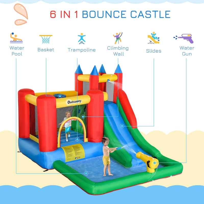 Outsunny 6-in-1 Kids Bounce House Inflatable Water Slide with Pool, Water Gun, Climbing Wall, Inflator Included