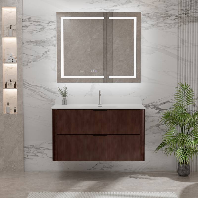 Modland Fluted Floating Vanity with Sink, Plywood Wall Mount Cabinet, Curved Edge, 24/30/36 Inch