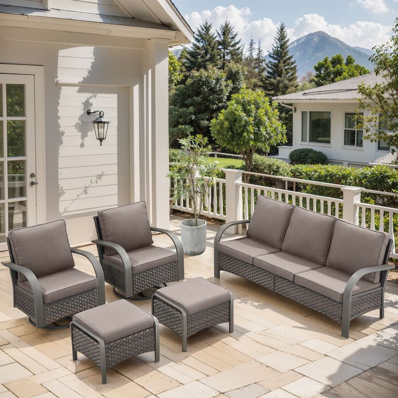 Outdoor PE Wicker Sofa Swivel Chairs and Ottomans - Grey - Brown