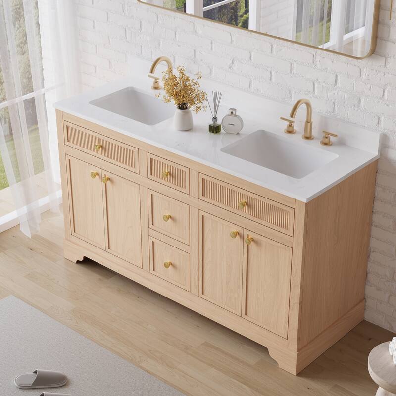 35''H Bath Solid Wood Vanity with Stain-resistant Carrera White Quartz Top And Single Sink