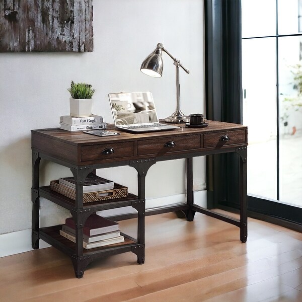 Sleek Writing Desk with Metal Legs and Storage Shelves Espresso