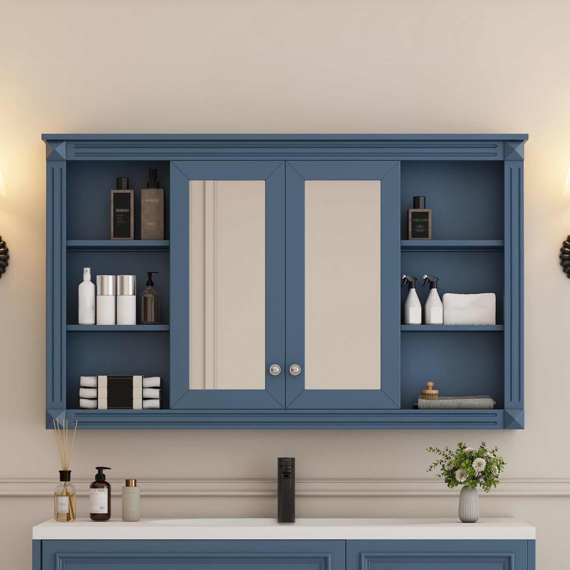 47 Inch Bathroom Mirror Cabinet with Storage, Adjustable Shelf and Open Shelves, Wall Mounted Medicine Cabinet