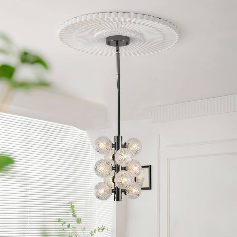 10 Light Sleek Black Metal Chandelier with Transparent Rippled Glass Globes, Adjustable Height - Matte Black
