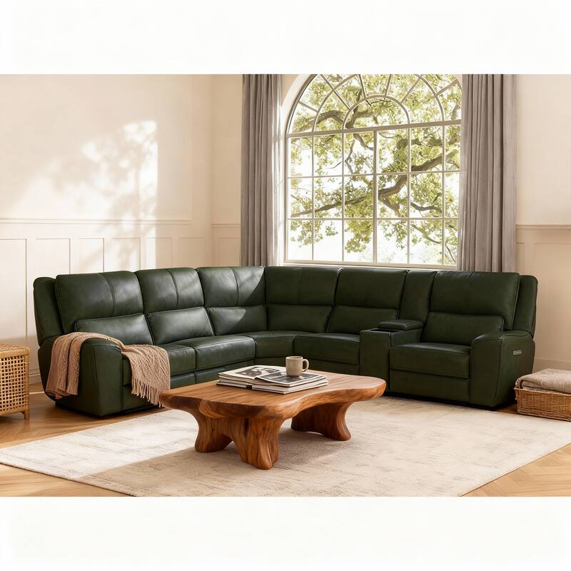 6PCS, 3 power Recliners, Leather Reclining Sectional with Wireless Charge & Pop-Out Cup Holders - Emerald