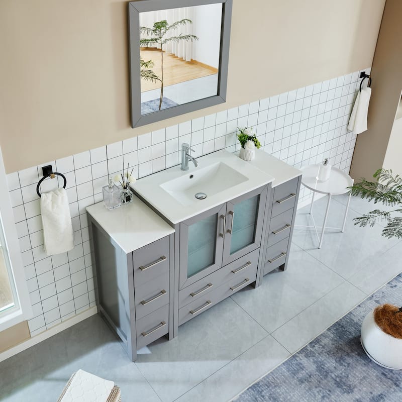 Vanity Art 54 Inch Single Sink Bathroom Vanity Set 8 Dove-Tailed Drawers 3 Cabinets 1 Shelf, Soft-Closing Doors with Free Mirror