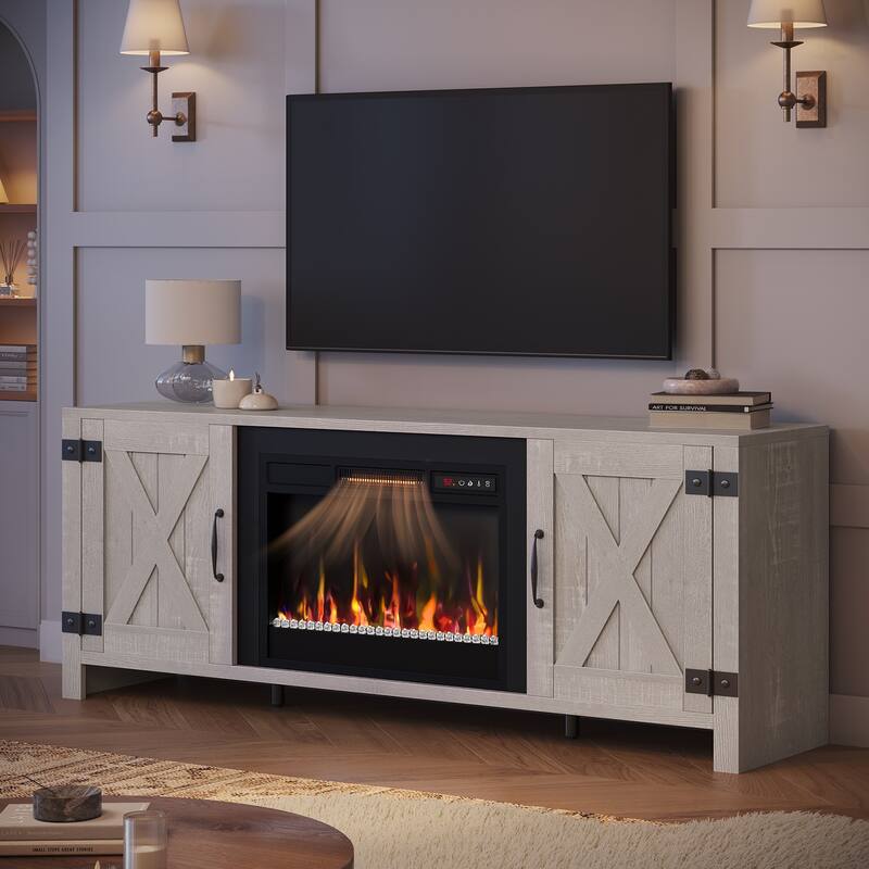 63'' Fireplace TV Stand with Electric Fireplace Heater & Storage Cabinet for TVs up to 70 Inch - White