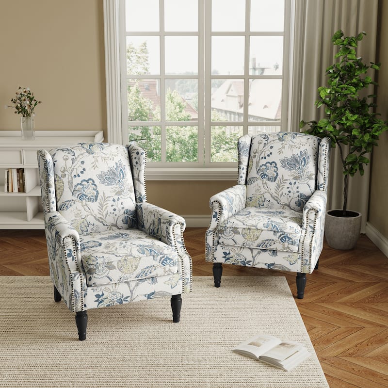 2 Set Transitional Patterned Wingback Accent Chairs with NailHead
