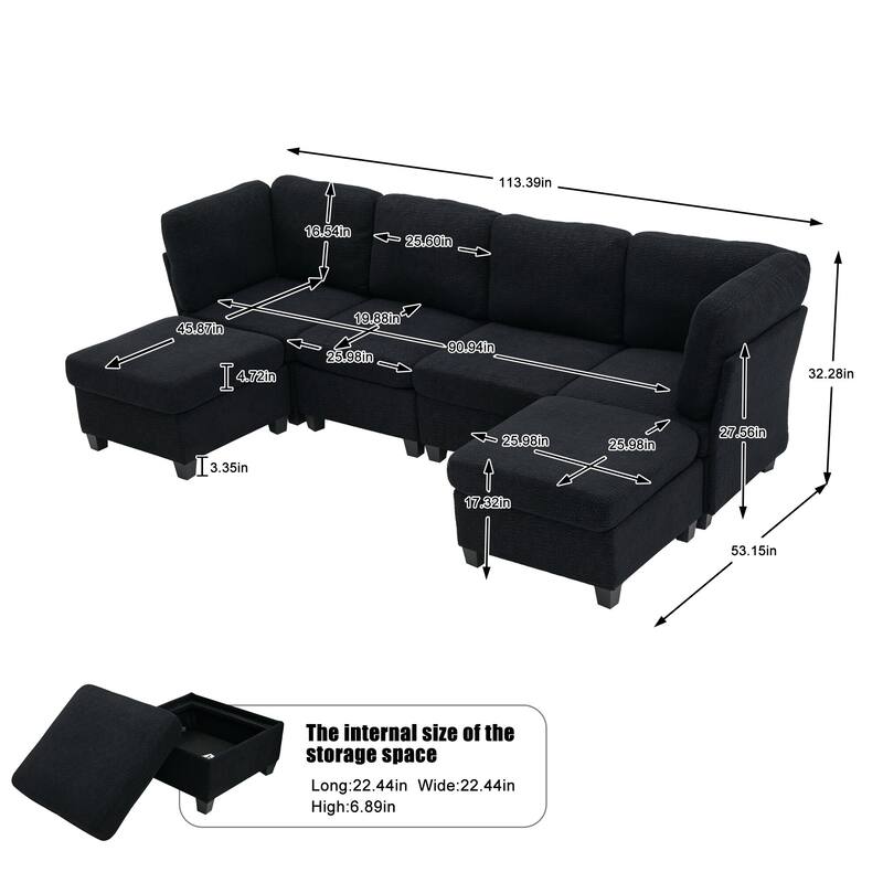 GDFStudio - Modular Polyester 6-Seat 113.39" Sectional with Storage Ottoman