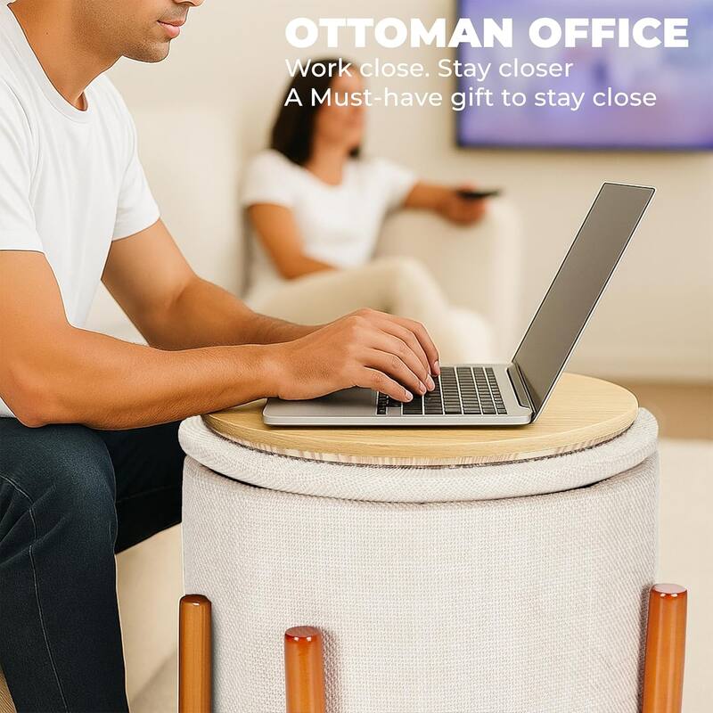 Modern Linen Ottoman with Pine Legs and Hidden Storage Flip Tray