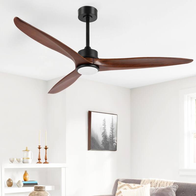 60" Solid Wood 3-Blade LED Ceiling Fan with Light Kit and Remote Control - Black