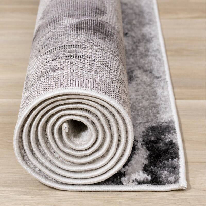 White Grey Neutral Flowers Frieze Area Rug