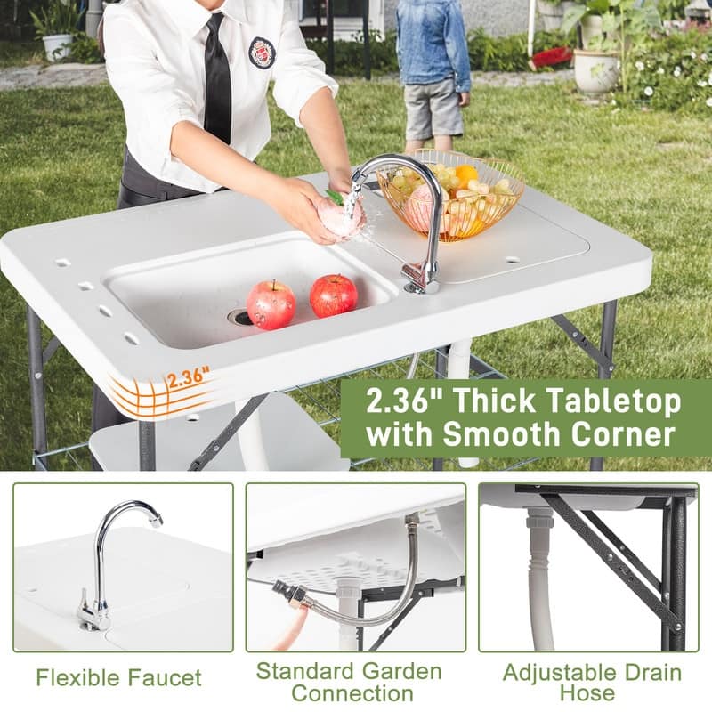 HDPE Rectangular Folding Portable Outdoor Fish Killing Table with Sink Faucet