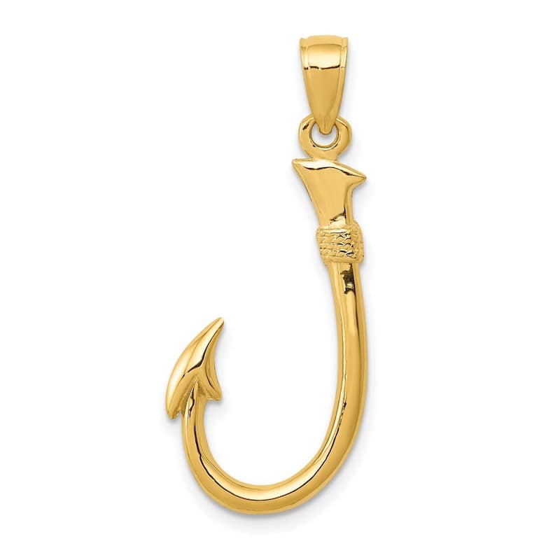Curata 14k Yellow Gold 18" Textured Polished 3-D Fishing Hook Pendant Necklace - 32.7x13.3mm