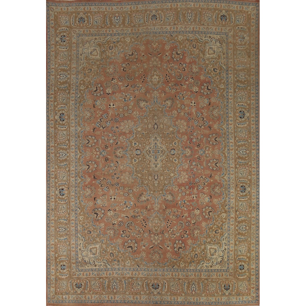 Floral Traditional Mashad Persian Vintage Rug Hand-Knotted Wool Carpet - 9'5" x 12'5"