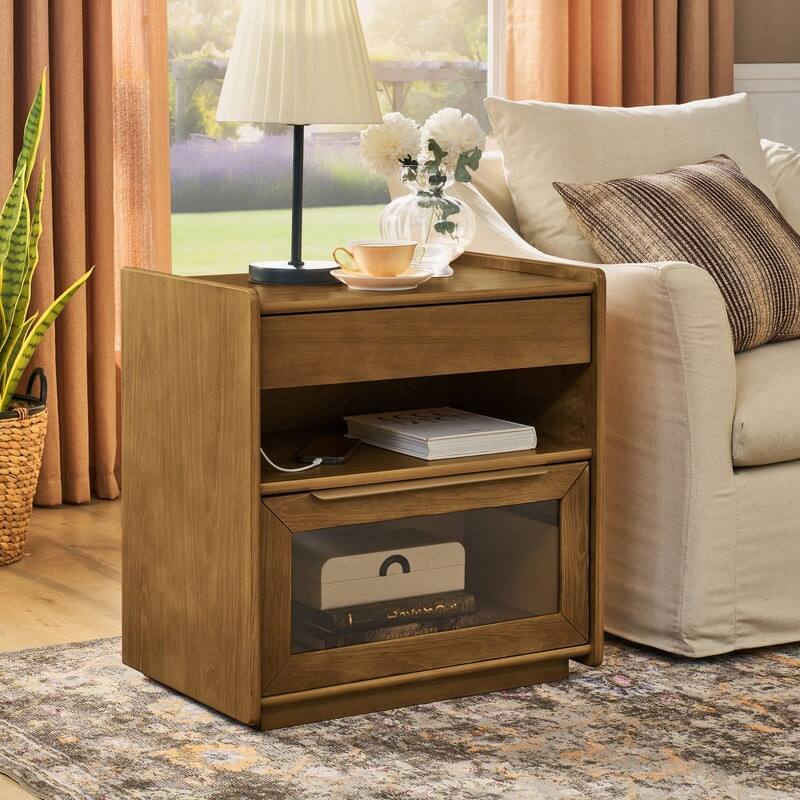Mid Century Modern 2-Drawer Nightstand with Charging Station and Open Shelf for Bedroom Storage and Convenience