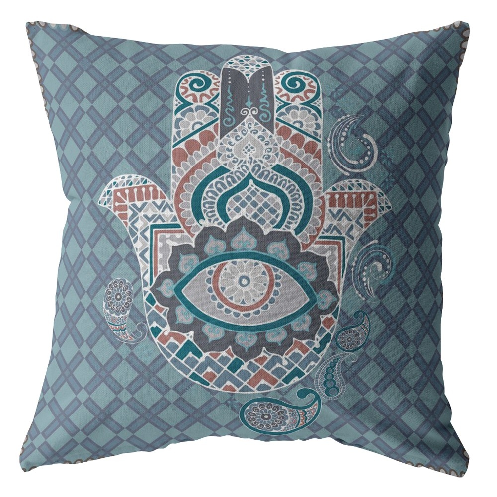 16 Slate Blue Hamsa Boho Suede Throw Pillow