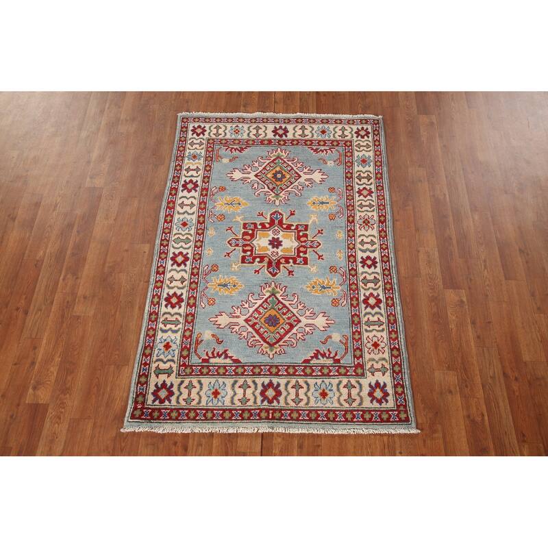 Light Blue Geometric Kazak Oriental Accent Rug Handmade Wool Carpet - 3'3"x 5'1"