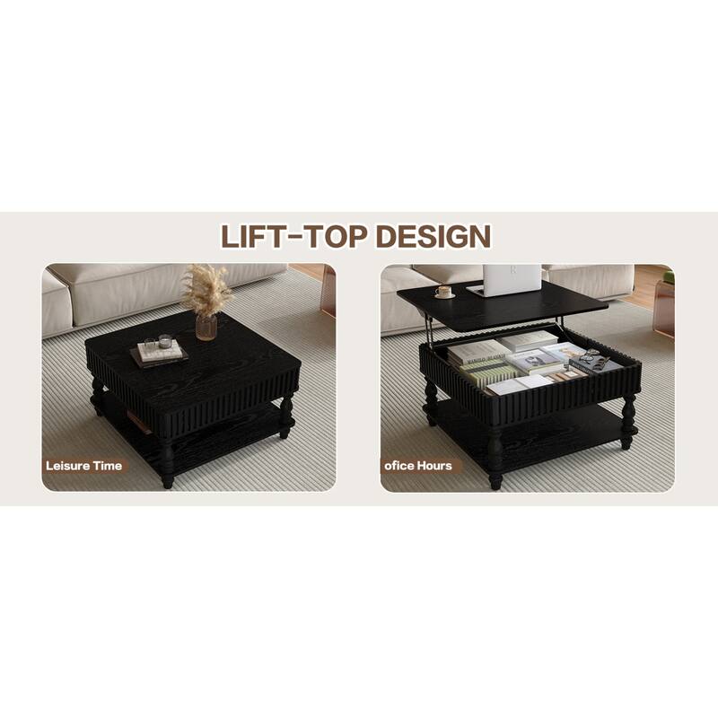 Roomfitters 31.5" Square Lift Top Coffee Table, Fluted Storage Center Table with Hydraulic Mechanism and Solid Wood Legs