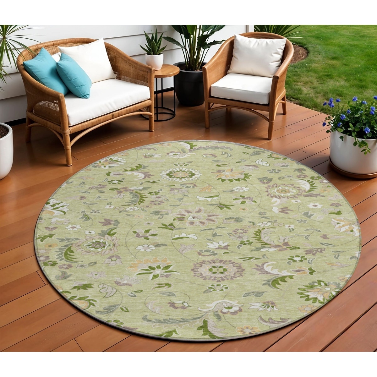 8' Artichoke Green Gray And Brown Round Floral Washable Indoor Outdoor Area Rug - 8' x 11'