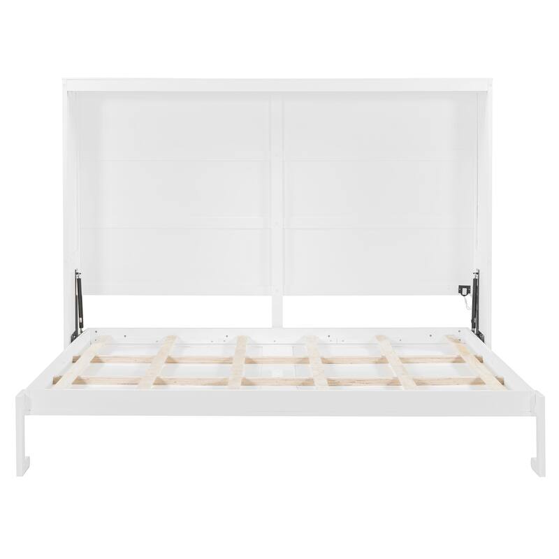 Queen Size Horizontal Murphy Bed Wooden Wall Platform Bed Frame with LED Lights