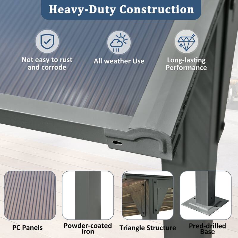 14.76x9.22 FT Wall-Mounted Outdoor Gazebo with Sloped Roof, Powder-Coated Iron Frame & PC Panels for Deck, Garden, Backyard