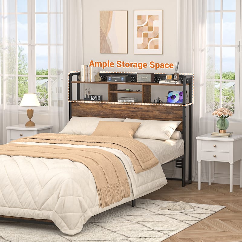 Bed Headboard with Storage Shelf and Charge Station, Height Adjustable Headboard with LED Light