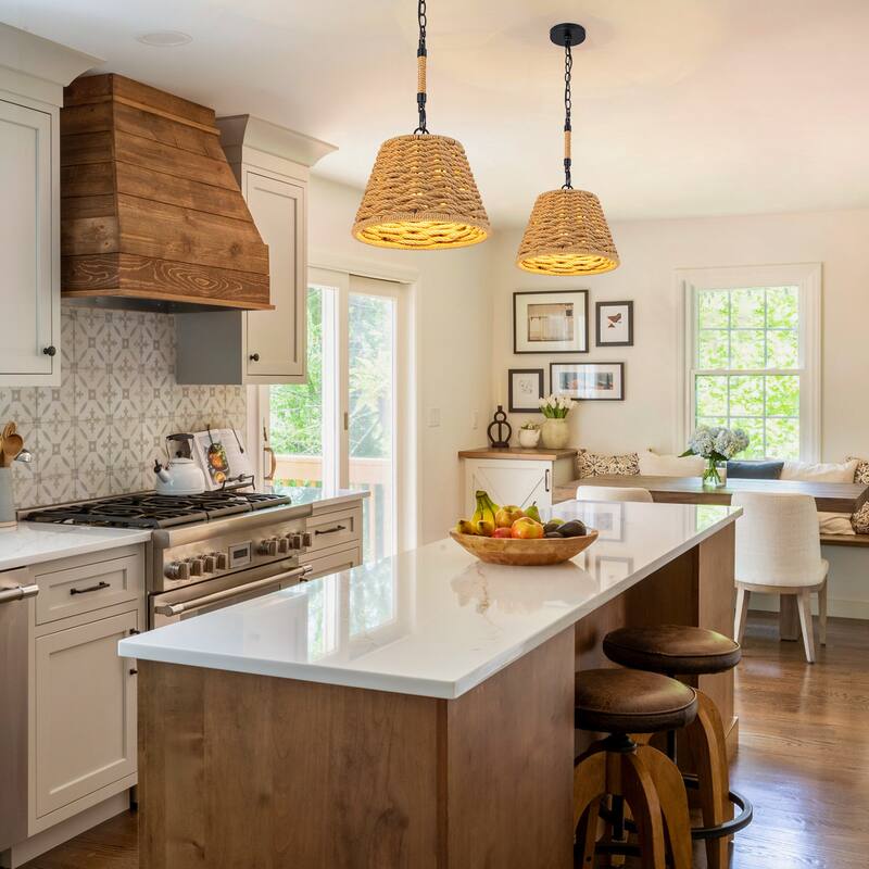 1-Light Farmhouse Hand Woven Drum Chandelier with Natural Rope Shade - Wood