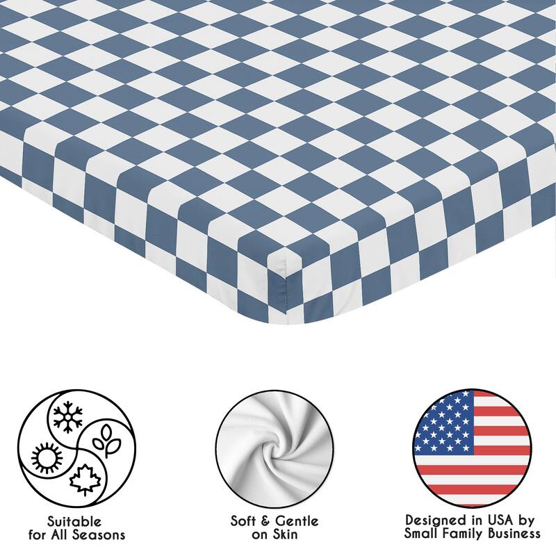 Sweet Jojo Designs Blue Gingham Checkered Plaid Boy Fitted Mini Portable Crib Sheet - Vintage, Classic, Checkerboard, Geometric