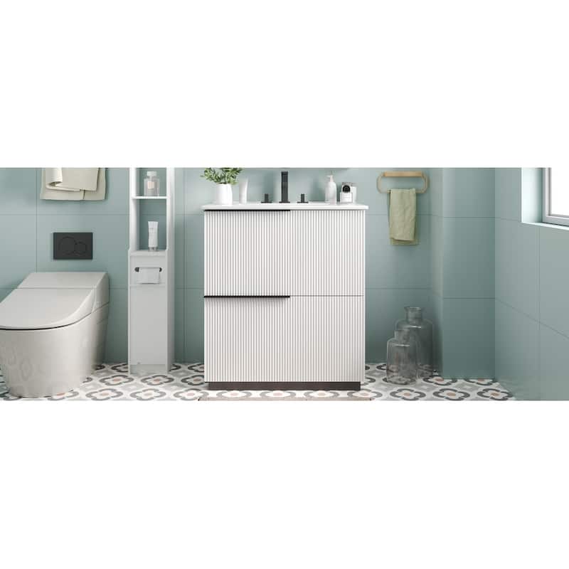 Bathroom Vanity with Ceramic Sink, Freestanding Wooden Bathroom Vanity, Bathroom Cabinet with Full-Extension Drawers