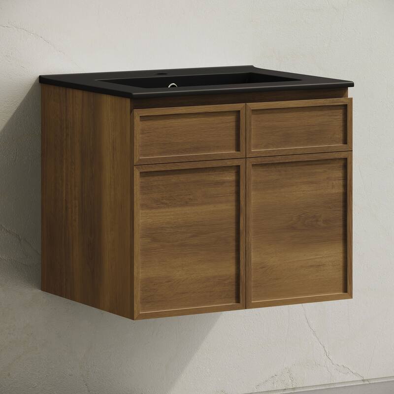 St. Tropez 24" Wall-Mounted Bathroom Vanity In Brown Oak With Black Sink Top - 24