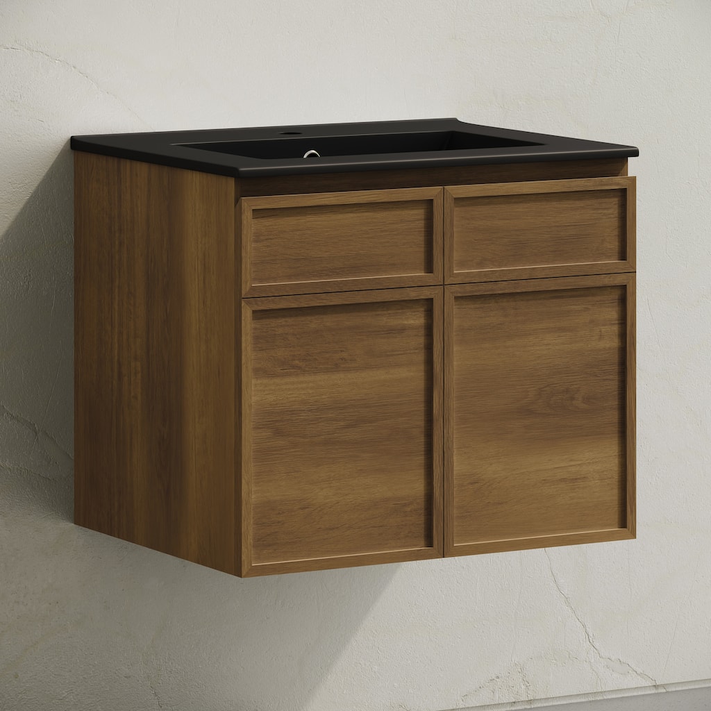 St. Tropez 24" Wall-Mounted Bathroom Vanity In Brown Oak With Black Sink Top - 24