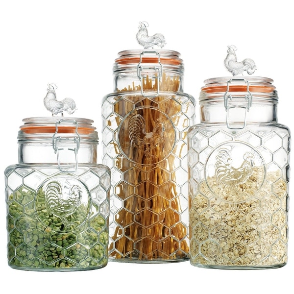Palais 'Rooster' Clear Glass Canister with Bail & Trigger Locking Lids (Set of 3 - 7"- 9"-11" High)
