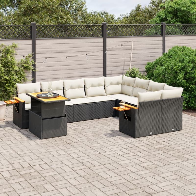 vidaXL Patio Sofa Set with Cushions Outdoor Furniture 10 Piece Poly Rattan - 21.7 x 39.4 x 28.7 in - Black and cream