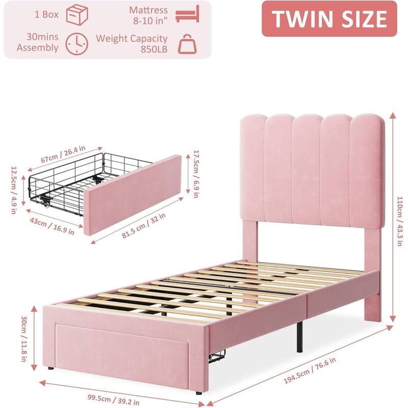 Twin Velvet Upholstered Platform Bed Frame with Wave Headboard & Drawer, No Box Spring Needed, Wood Slats, Noiseless