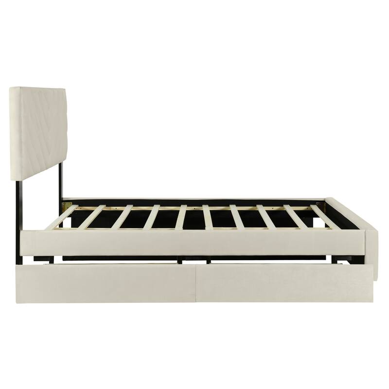 Twill Upholstered Bed with Twin Trundle & Drawers, Queen Size, Beige