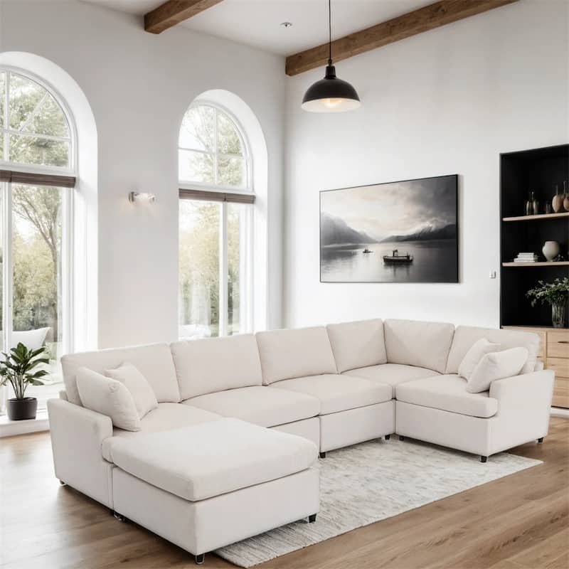 Modern Large Sectional Sofa with Removable Ottomans and Legs - Beige