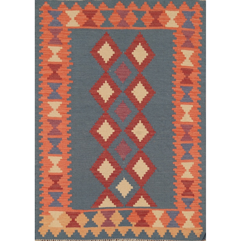 Geometric Blue Flat Weave Kilim Persian Rug Hand-Knotted Wool Carpet - 4'2"x 5'8"