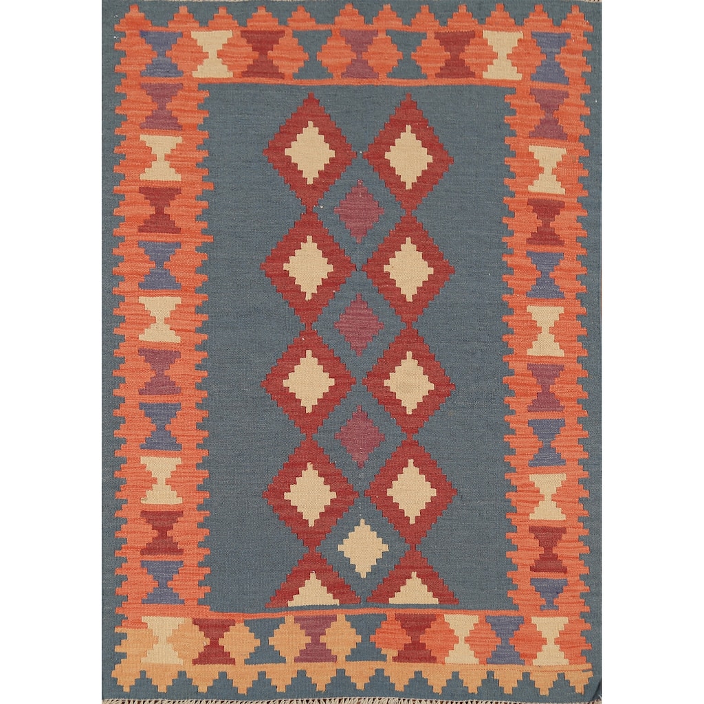 Geometric Blue Flat Weave Kilim Persian Rug Hand-Knotted Wool Carpet - 4'2"x 5'8"