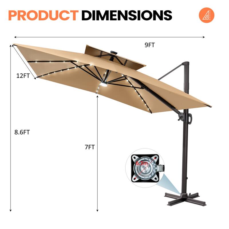 VredHom Double Top 10x10 FT Square Patio Cantilever Umbrella with Weight Base